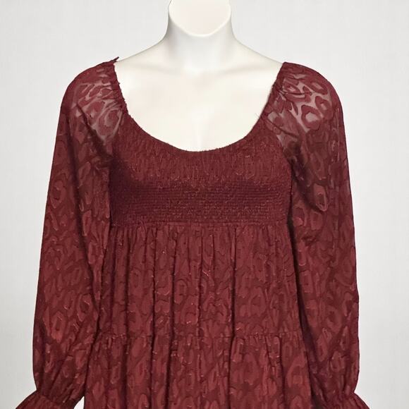 A. Calin Smocked Mini Dress Sz Medium Tiered Burgundy Scoop Neck Long Sleeve NWT - Picture 3 of 13